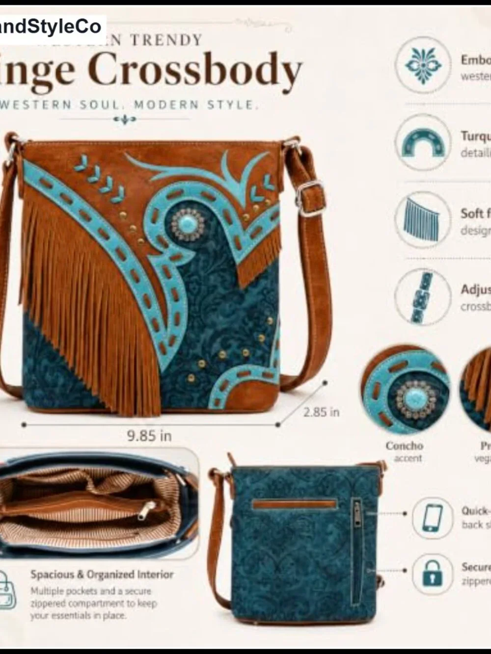 Western Fringe Crossbody Purse with Embossed Floral Brown Faux Leather Shoulder